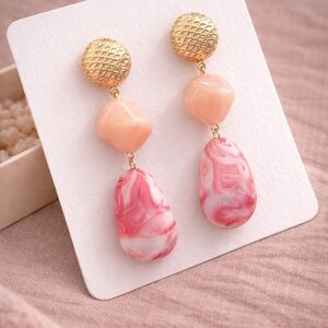 Pink Marble Statement Earrings | Gold Tone Peach & Pink Drop